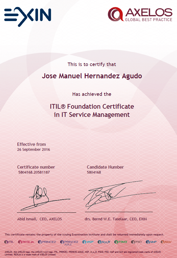2016 EXIN - ITIL Foundation certificate in IT Service Management