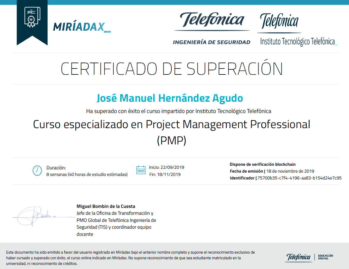 Instituto Tecnológico Telefónica - Curso especializado en Project Management Professional PMP