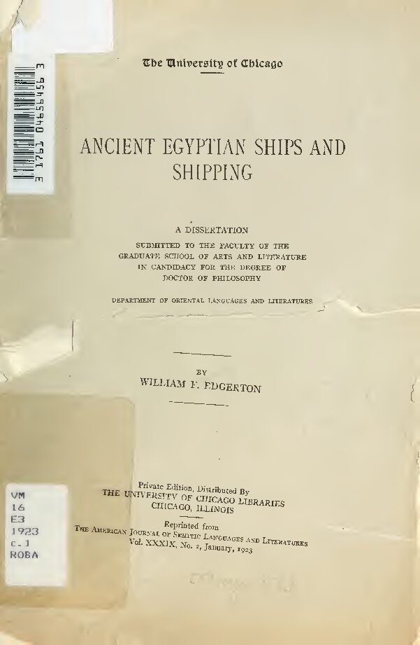 Ancient Egyptian ships and shipping by W. F. Edgerton (1923) — W. F. Edgerton